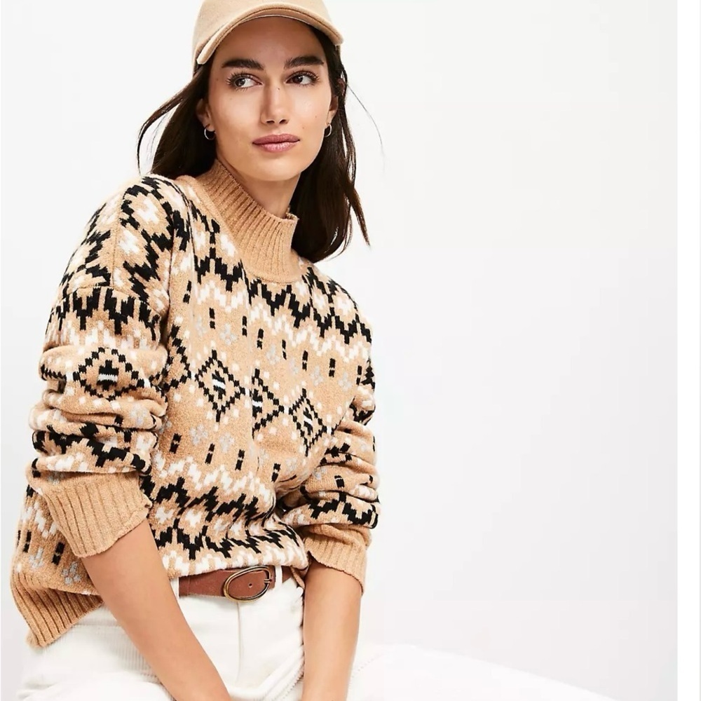 LOFT Tan and Black Patterned Turtleneck Sweater - Picture 2 of 8